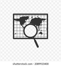 Vector illustration of search on map icon in dark color and transparent background(png).