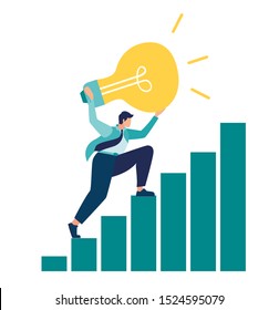 Vector illustration, search for solutions, thought is reachable, career growth, man goes the path to success with idea and concept, flat color icons, business