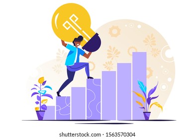 Vector illustration, search for solutions, thought is reachable, career growth, man goes the path to success with idea and concept, flat color icons, business