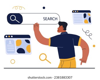 Vector illustration of searching for information on the Internet.Trendy happy character is searching for information on the internet using the search bar Answer and question concept. 