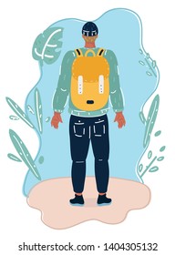 Vector illustration of searching and movement concept. The young man, a student stands with his back view and looking for something.