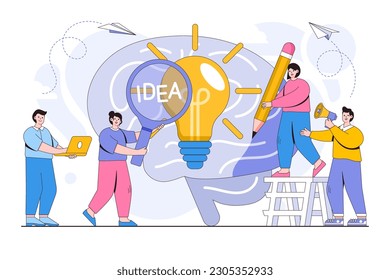 Vector illustration of searching for new ideas solutions, working together in the company and brainstorming with people characters.