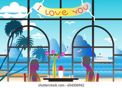 Vector illustration seascape background with the lovers near windows and water wave between archipelago, Blue color with yacht and the bird flying in sky cloud background at summer time.