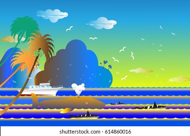 Vector illustration seascape background over sea and boat  with the whale family in water wave between archipelago, Blue color with fishes and the bird flying in sky cloud background at summer time.