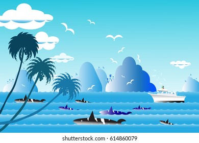 Vector illustration seascape background over sea and boat  with the whale family in water wave between archipelago, Blue color with fishes and the bird flying in sky cloud background at summer time.
