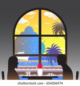 Vector illustration seascape background over sea with the lover in the window and water wave between archipelago, Blue color with birds flying in sky cloud background at summer time.