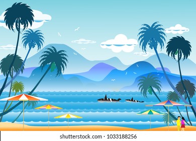 Vector illustration seascape background travel over sea with umbrella and whale family in water wave between archipelago with fishes and the bird flying in sky cloud background at summer time.