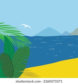 Vector illustration seascape beach palm trees tropical plants blue sea and sky with flying seagull. Bright sunlight sand ocean waves. Summer traveling seaside vacation concept