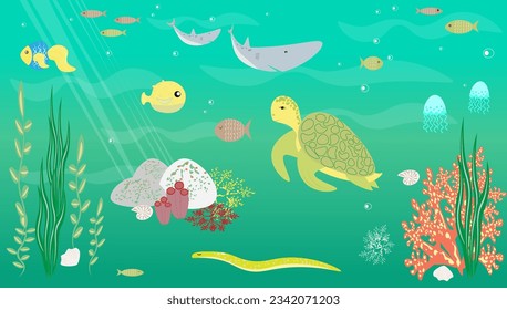 Vector illustration seascape at the bottom of the ocean turtle fish shark crab seaweed EPS10