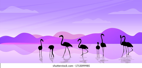 Vector illustration of seascape with flamingos,flat design.