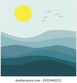 Ilustración vectorial de un paisaje marino. Cartel interior, puesta de sol y océano y gaviotas encima.