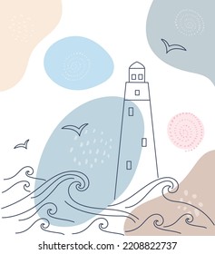 Ilustración vectorial de un paisaje marino con faro en estilo de arte lineal con manchas de color abstracto en colores pastel. Para afiches, decoración, postales, arte mural, papel pintado, textiles. EPS 10.