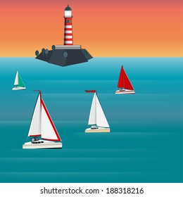 Vector illustration of seascape with lighthouse and sailboat