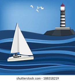 Vector illustration of seascape with lighthouse and sailboat