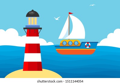 Vector illustration of seascape. Lighthouse and ship at sea. 