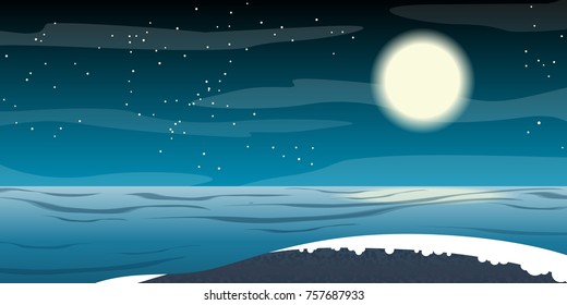 Vector illustration of seascape with moon, star and night sky. Nature landscape background.