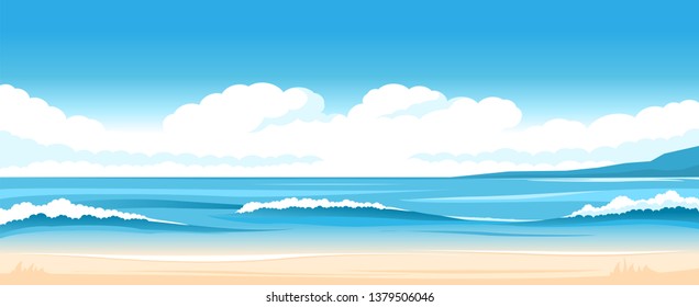 Vector illustration of seascape with ocean shore and clouds