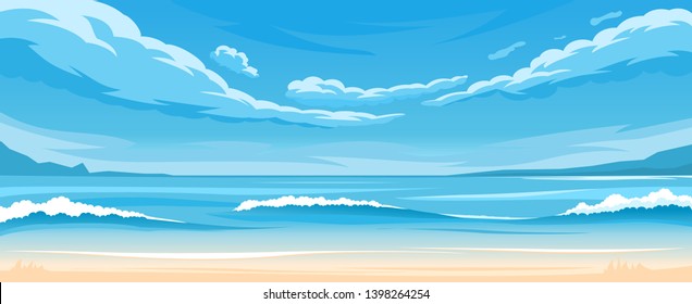 Vector illustration of seascape with ocean shore and clouds