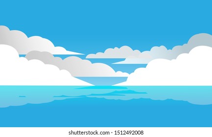 Vector illustration of seascape with ocean shore and clouds