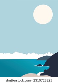 Vector illustration seascape with oceans rocks and cliffs, waves blue sky and sun. Bright sunlight coastal landscape. Summer traveling seaside vacation concept