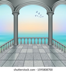 Vector illustration seascape Palace by the sea view from the veranda