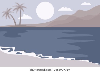 vector illustration of seascape with palm tree. tropical beach view pastel colored