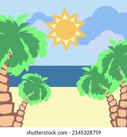 Vector illustration of seascape with palm trees.
