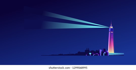 vector illustration, seascape, part of the coast, rocky terrain, buildings with a high tower a beacon, providing light rays for navigation, night lighthouse