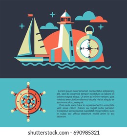 Vector illustration. Seascape with sailing ship in flat style.