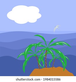 Vector illustration of a seascape scenery with blue wavy sea, coconut palm trees on island, blue sky,  white cloud and a seagull flying concept for summer holiday