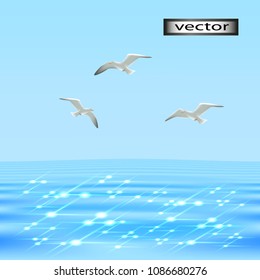 Vector illustration of a seascape with seagulls birds, flying white birds in the sky over the shining in the sun blue water, 3D.