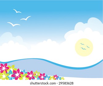 Vector illustration of a seascape with some summer flowers in the foreground and the sun, some clouds and birds in the background