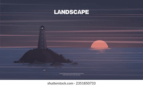 Vector illustration. Seascape. Sunrise in the sea with a view of the lighthouse and endless waves. Dark colors with an atmosphere of morning awakening.