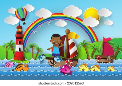 Vector illustration  of seascape.paper art style.