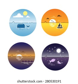 vector illustration of seascapes day cycle , day night dawn dusk ,sunset sunrise,isolated 