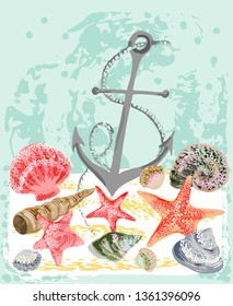 Vector illustration of a seashell and anchor on sand underwater. Elements are isolated.