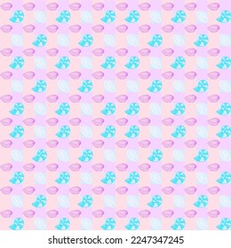 Vector illustration of seashells with multicolored checkered background. Cute seashell pattern with striped background for packaging, print, wallpaper, print on fabric, gifts, postcards, web