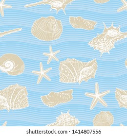 Vector illustration of seashells on blue wavy background. Sea, ocean concept.Seamless pattern for fabric, textile, wallpaper, website design, card, banner.

