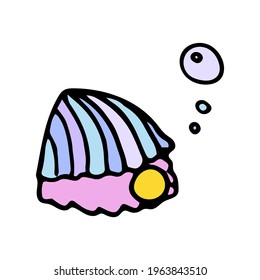 Vector illustration of seashells with pearls and air bubble. Hand drawn icon and symbol for print on baby clothes, poster, sticker, card design. Doodle design elements. 