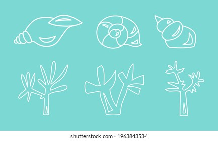 Vector illustration of seashells and seaweed on a blue background. Icons set can be used for printing, packaging, textiles
