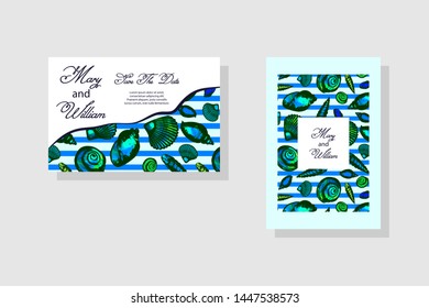 vector illustration - seashells. set of card for birthday, wedding, valentine's day. 