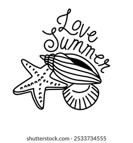 Ilustración vectorial de conchas marinas y estrellas de mar con texto de verano de amor adecuado para pegatinas, decoraciones de verano