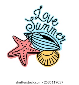 Ilustración vectorial de conchas marinas y estrellas de mar con texto de verano de amor adecuado para pegatinas, decoraciones de verano