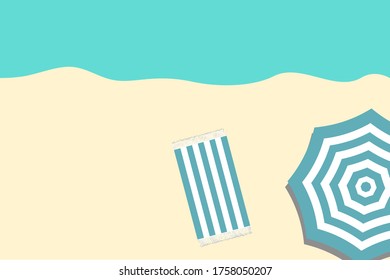 Vector illustration of seashore beach sand with blue and white striped umbrella and blanket with fringes on hot bright summer day. Vacation travel and relaxation concept.