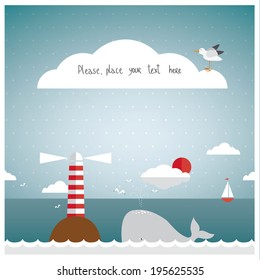 Vector illustration of a seaside background in a vintage style with a whale, a lighthouse and a little boat on the horizon. Paper cut style.