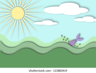 vector illustration of a seaside landscape, on a sunny day, with fish jumping in water