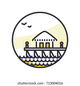 Vector illustration of a seaside stilt house. Line icon of a beach bungalow in a circle. Isolated on white background. 