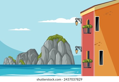 Vector illustration of a seaside town with cliffs.
