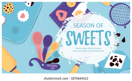 Vector Illustration. Season of Sweets template poster with bake essentials. Baking celebration. Winter holiday. Card Season of Sweets