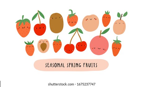 Vector illustration with Seasonal Spring Fruits on a white background. Smiley cartoon food characters - Strawberry, Kiwi, Cherry, Peach, Grapefruit. Healthy vegetables banner.